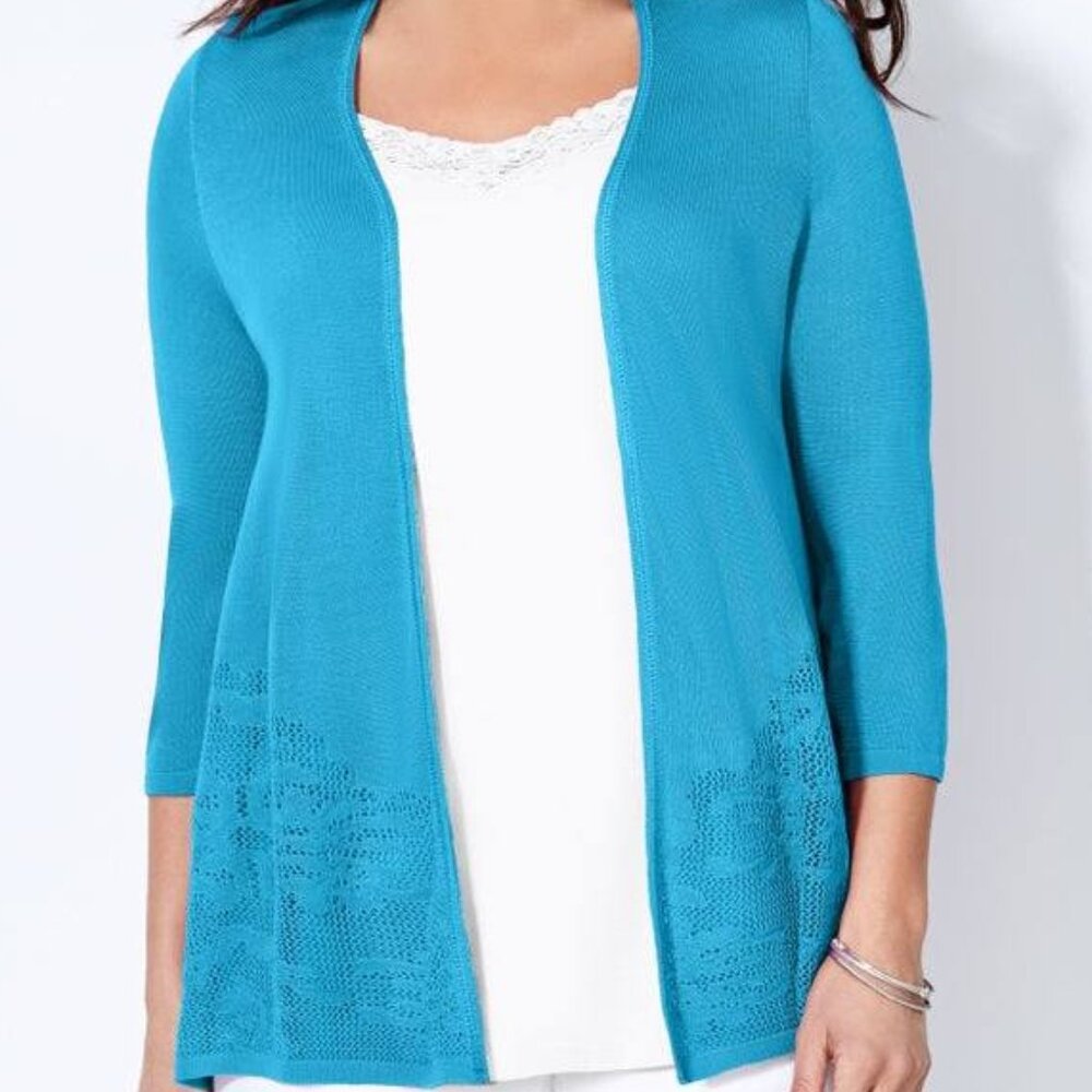 Catherines Lightweight Embroidered Lace Teal Cardigan Sweater-3/4 Sleeve 5X- NWT